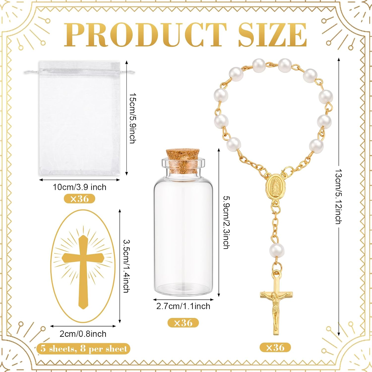 36 set Mini Baptism Favors with Rosary Bead Cross Organza Bagand