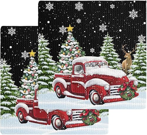 Artwork Store 2 Packs Kitchen Towel Cotton Waffle Weave, Truck Xmas Tree Snowflake Christmas Absorbent Quick Drying Dish Cloths for Kitchen Living disponible en Yaxa El Salvador