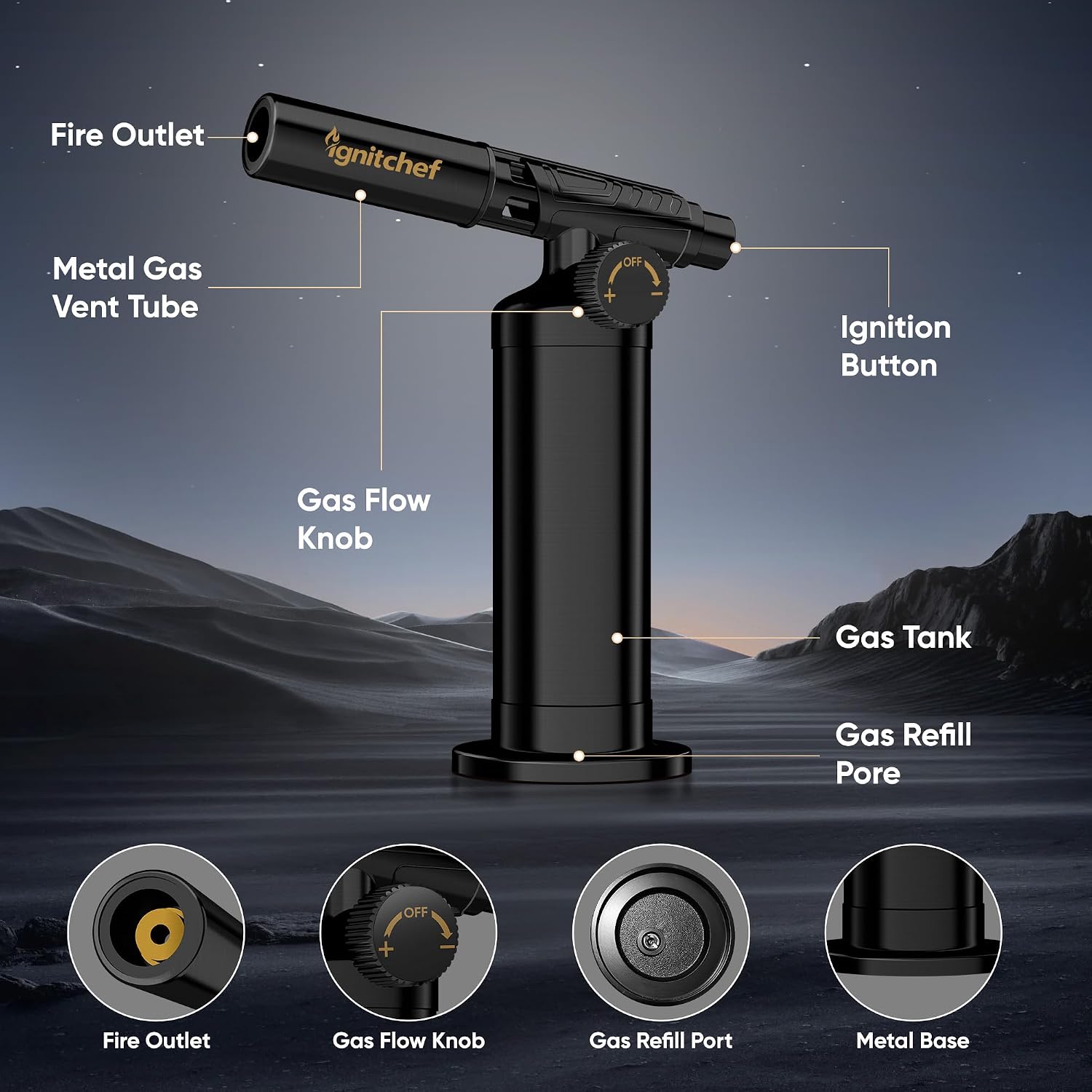 Metal Butane Torch Lighter, Refillable Kitchen Torch, Creme Brulee Torch with Adjustable Flame, Continuous Mode for Grilling Steaks, Barbecuing (Butane Not Included)