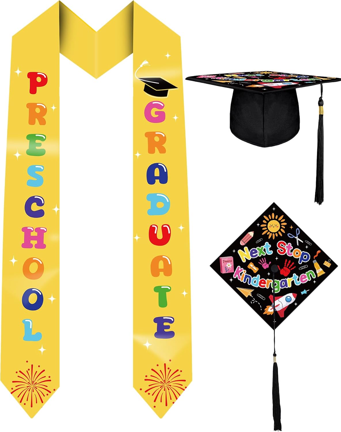 2026 Preschool Graduate Cap and Stole - Unisex Colorful Letter Printed Graduation Stoles for Pre-school