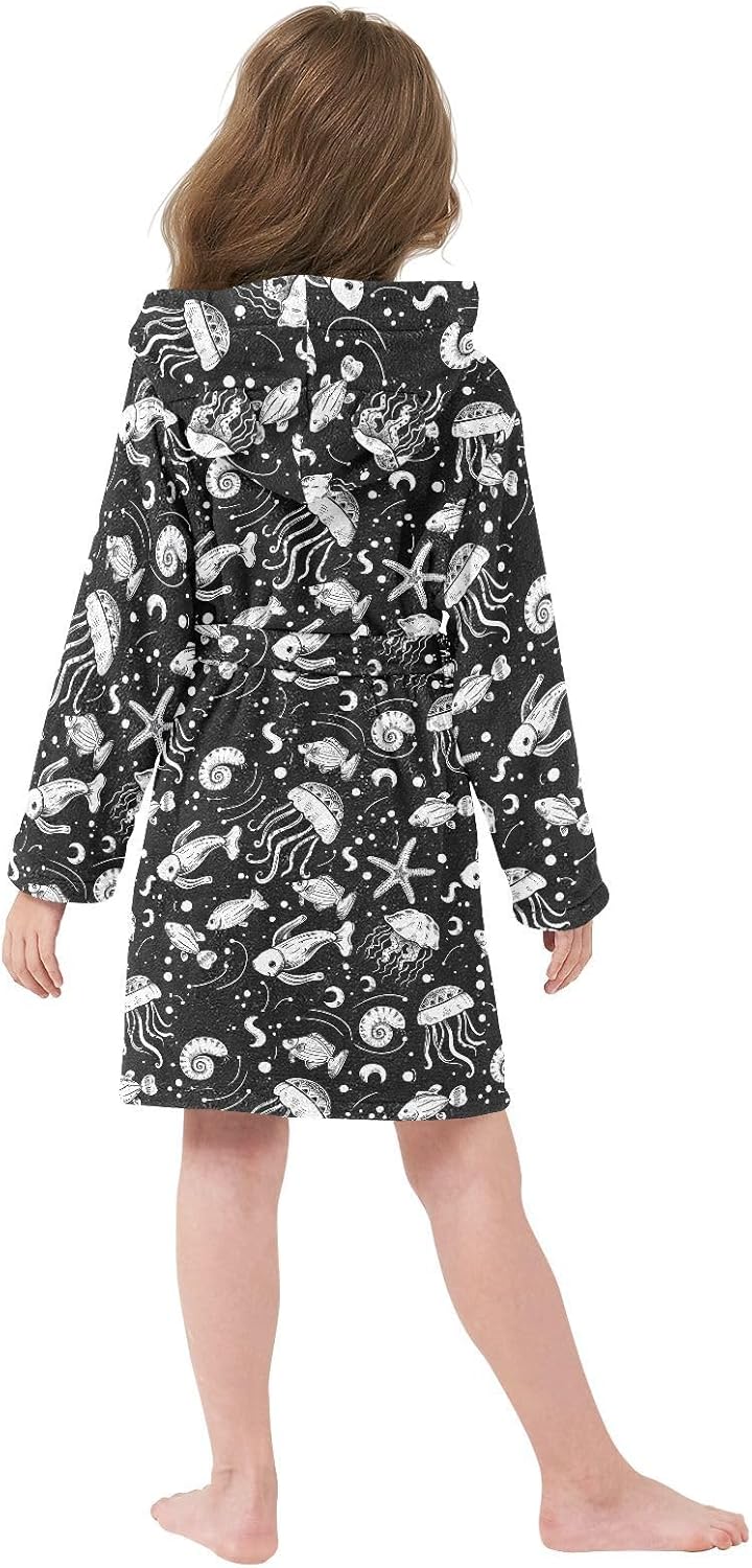 senya Black Jellyfish Toddler Hooded Bathrobe Kids Soft Plush Bath Towel Robes for Boys Girls 2-12 Years
