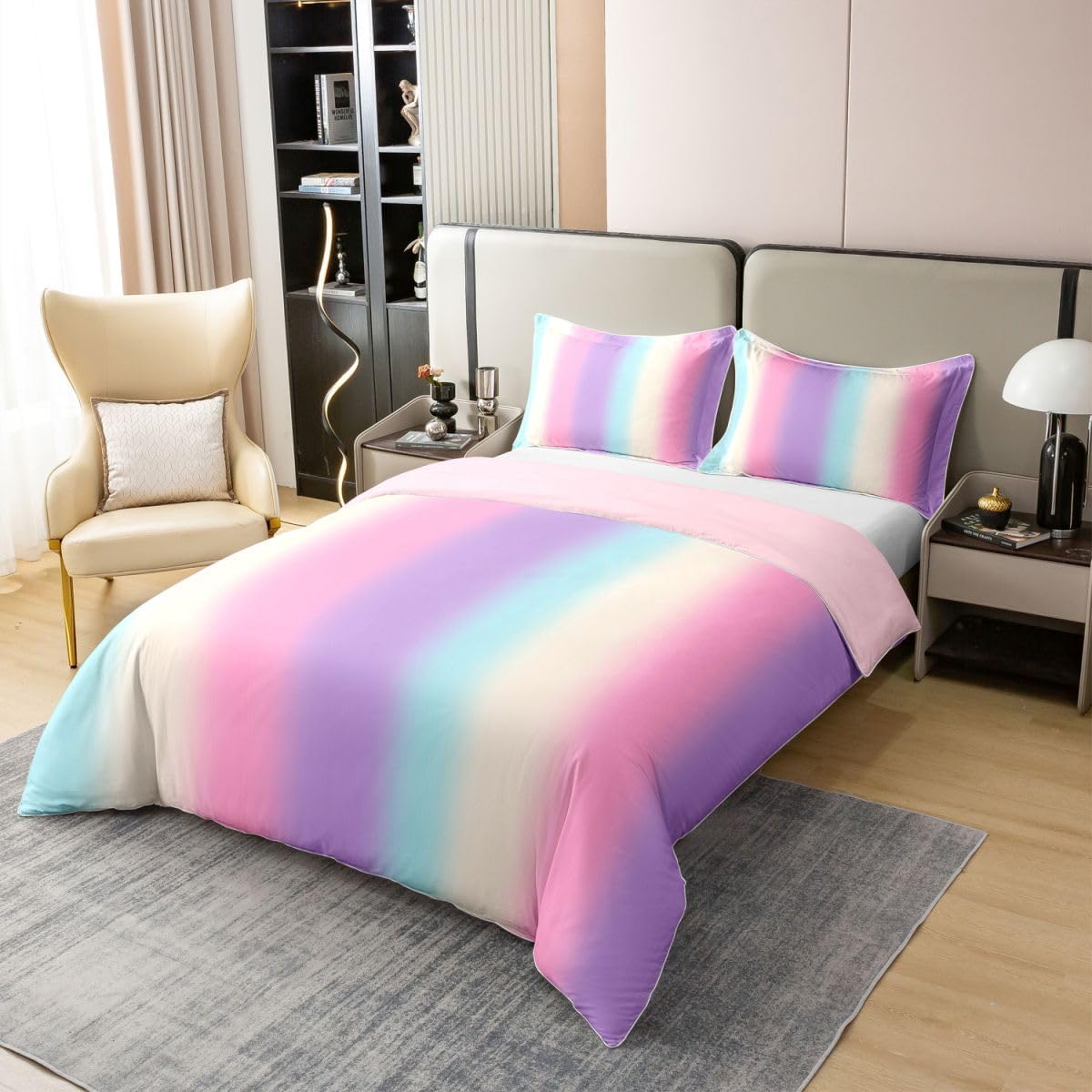 Feelyou Kids Blue Purple Yellow Striped Duvet Cover 100% Cotton Queen Size