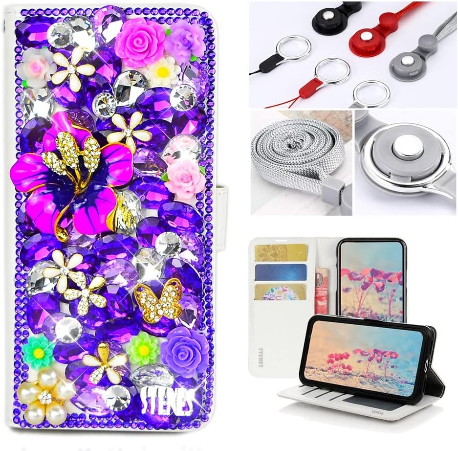 STENES Bling Wallet Phone Case Compatible with OnePlus 8 - Stylish - 3D Handmade Redbud Butterfly Flowers Floral Leather Cover with Neck Strap Lanyard [3 Pack] - Purple
