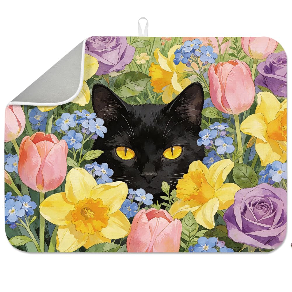 INFUNLY Black Cat Garden Dish Drying Mat 17.7x23.6 Inch Spring Flower Cat Absorbent Pad Vintage Floral Kitten Absorbent Pad Watercolor Kitten Drying Mat for Table Countertop Sink Coffee Bar
