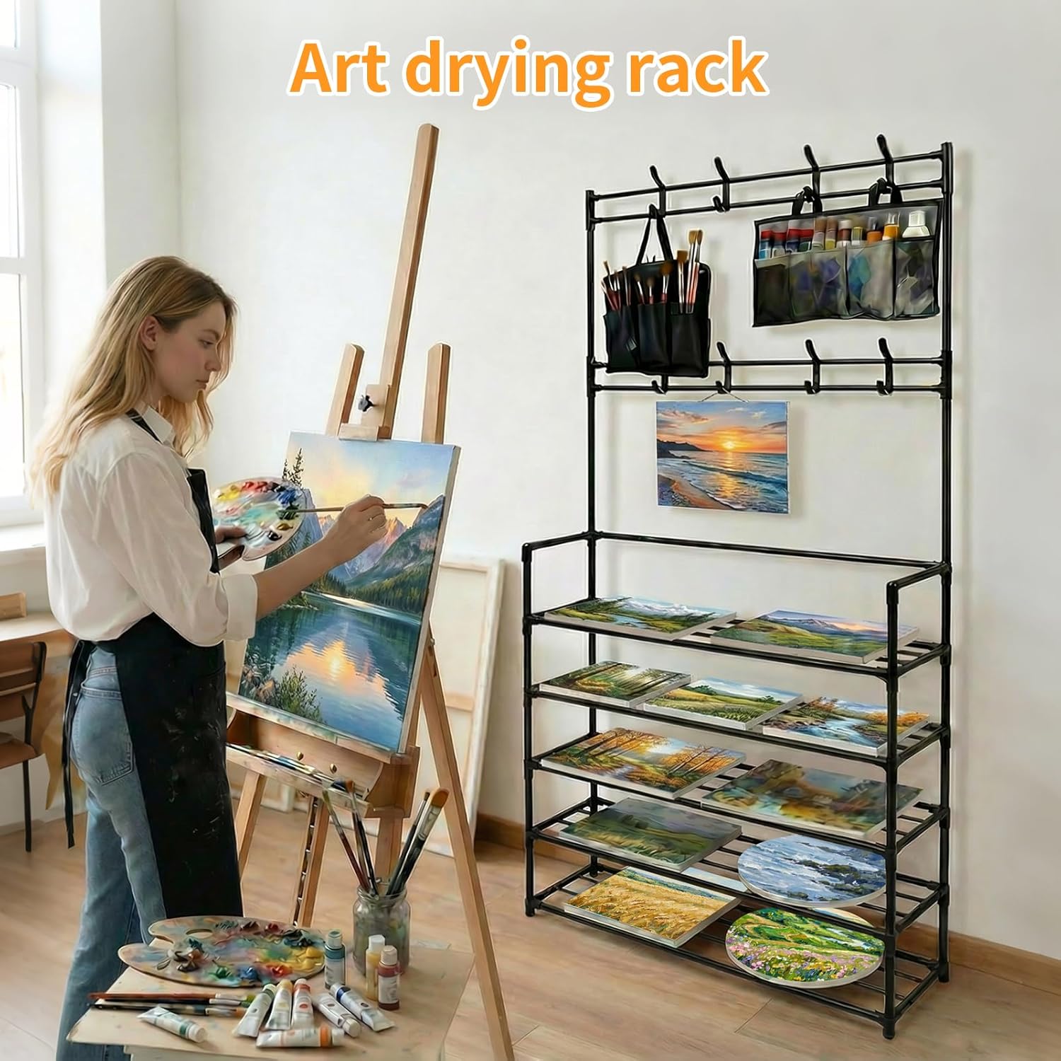 Art Drying Rack for Classroom, Large 5-Tier with Hooks, Canvas Storage and Painting Tools Organizer, 31.5 x 10.24 x 66.73 Inches, Black