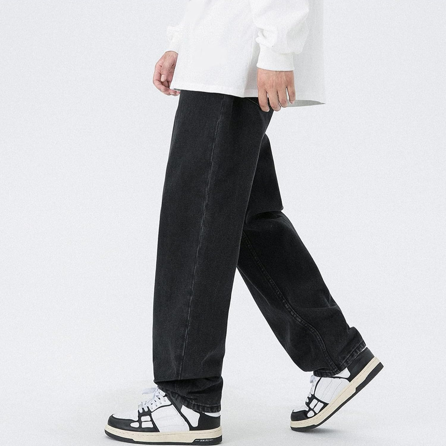 Men Loose Wash Distressed Denim Pants Young Comfort Flex Waist Straight Fit Jeans Y2K Classic Mid Rise Wide Leg Trousers