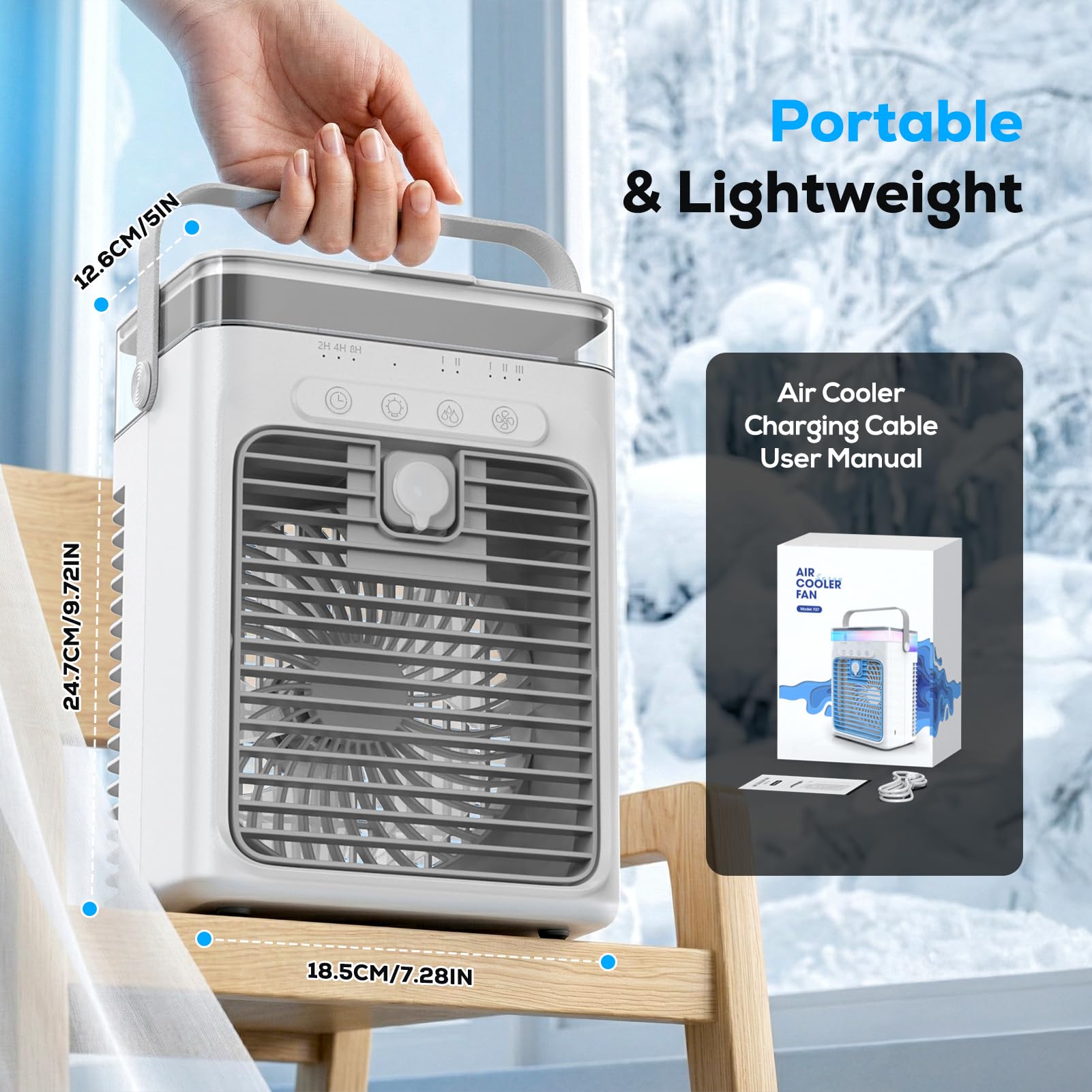 Condizionatore d'Aria Portatile, 3-in-1 Raffreddatore ad Evaporazione con 3 Velocità e 2 Modalità Nebbia, 1000ml Mini Condizionatore, Ventilatore USB con Luce RGB e Timer per Ufficio Auto Camper