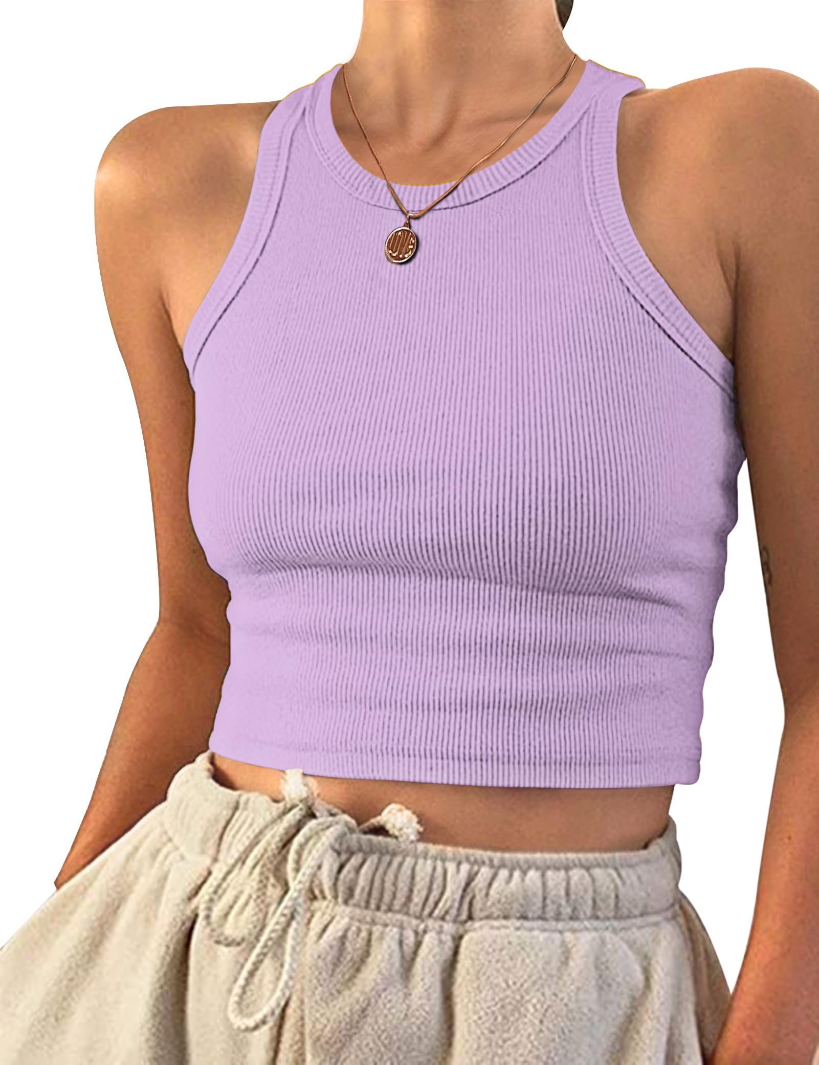 PLOKNRD Damen Crop Tops Rundhals Tank Top Sommer Ärmellos Bauchfrei Oberteil
