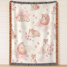 Watercolor Shiba Inu Woven Blanket Tapestry Pink Sakura Dog Decor