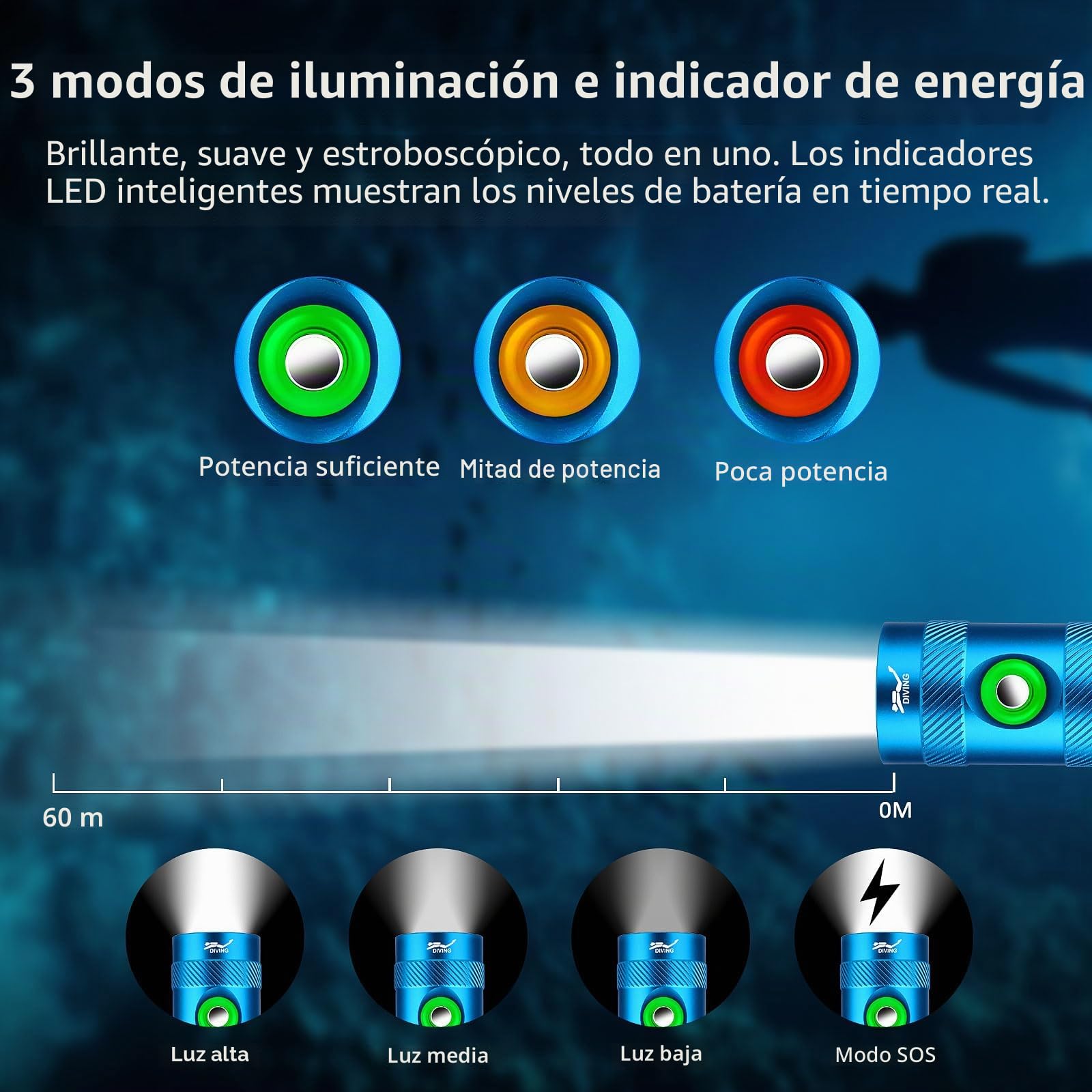 WINDFIRE Linternas de buceo, IPX8 impermeable profesional recargable luz de buceo, linterna submarinismo