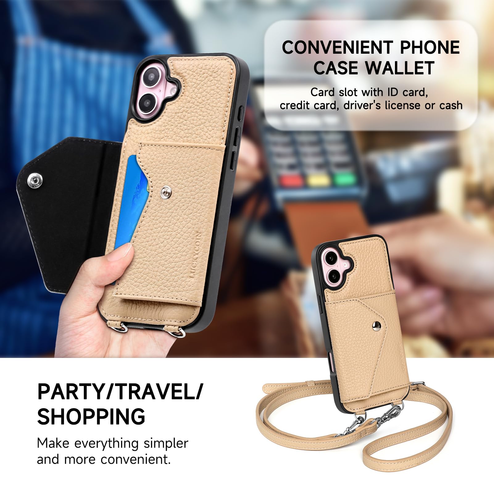 LUCKYCOIN For IPhone 15 Pro Max Leather Wallet Case,Black