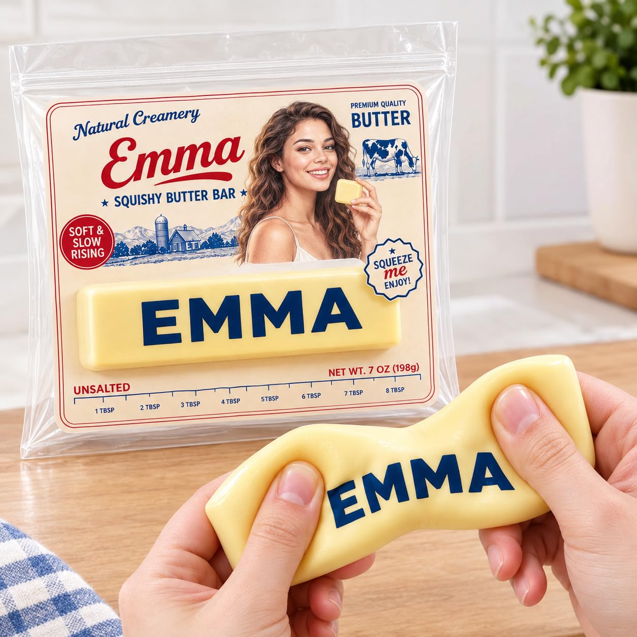 Personalised Butter Squishy with Custom Text & Photo Portrait Packaging