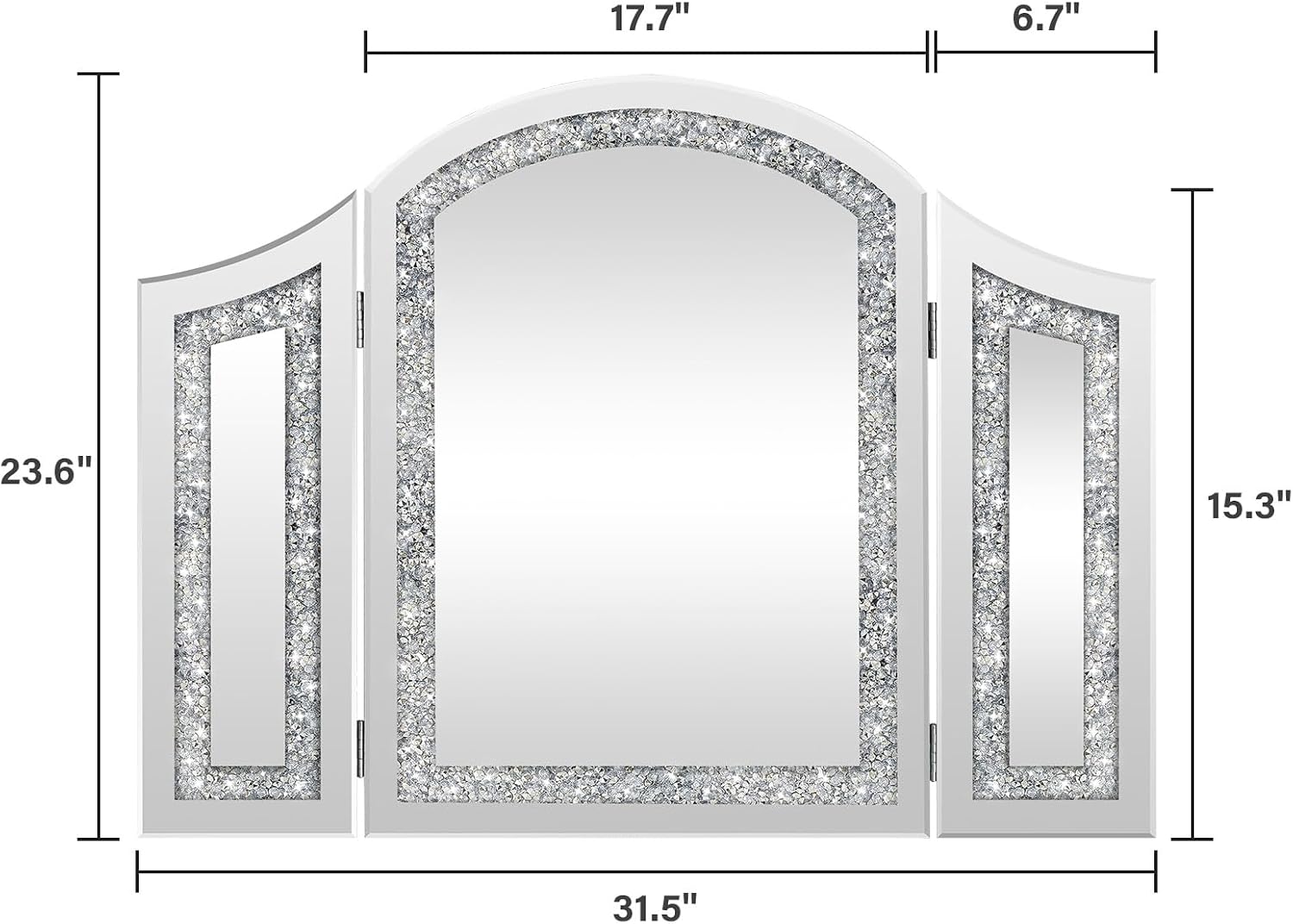 Modern Trifold Mirror, 32 x 24 Inch Crushed Diamond Vanity Mirror for Bedroom, Bathroom, Luxury Mirrors for Wall Decor Entryway Fireplace Mantel
