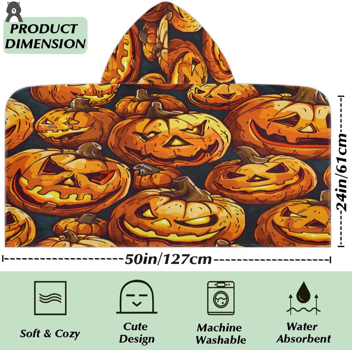 Pardick Kids Bath Towel Evil Pumpkin Light Beach Towel with Hood Pool Cover Up for Girls Boys Soft Absorbent Hooded Bath Towel Toddler Towels for Beach, Pool