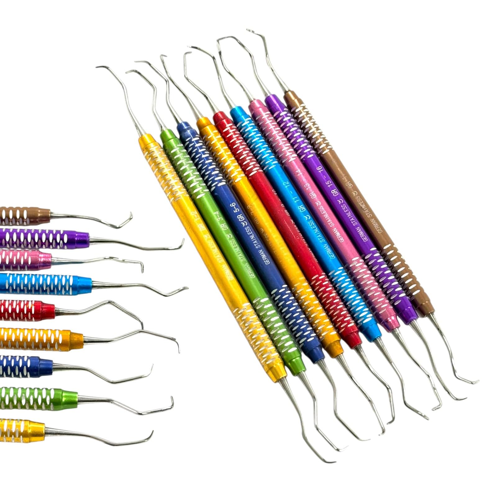 9 Pack | German Stainless Steel Gracey Curette Picks, Color-Coded Hollow Handle, Double-Ended, Periodontal Pick Mouth Hygiene Dental Instruments Kit