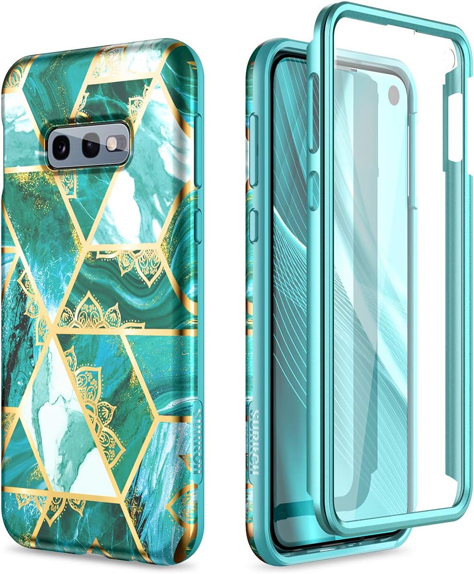 SURITCH Case for Galaxy S10e,[Built-in Screen Protector] Gold Mandala Green Floral Full Body Protection Shockproof Rugged Bumper Silicone Protective Cover for Samsung Galaxy S10e 5.8"-Mint Marble