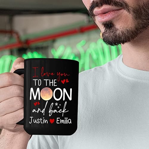Miniatura 5 de Taza de café negra personalizada para parejas, 11 onzas, 15 onzas, taza con texto en inglés "I Love You to the Moon and Back", tazas de café