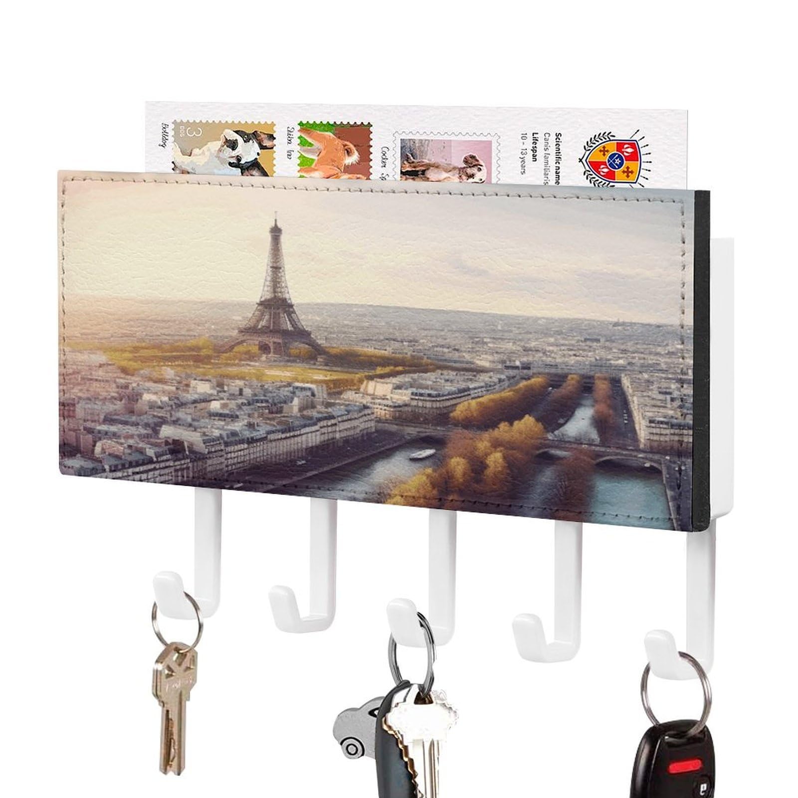 Soporte para llaves de pared sin taladros que organiza cartas y decora con metal