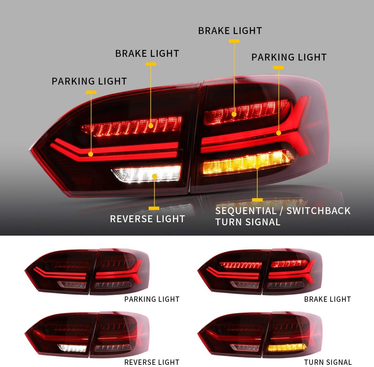 VLAND LED Tail Lights for Jetta Sagitar Sedan 2011-2014 (NOT for LED models, NOT for 2013 GLI) Assembly with Sequential Turn Signal, Driver & Passenger Side, Red Lens Style