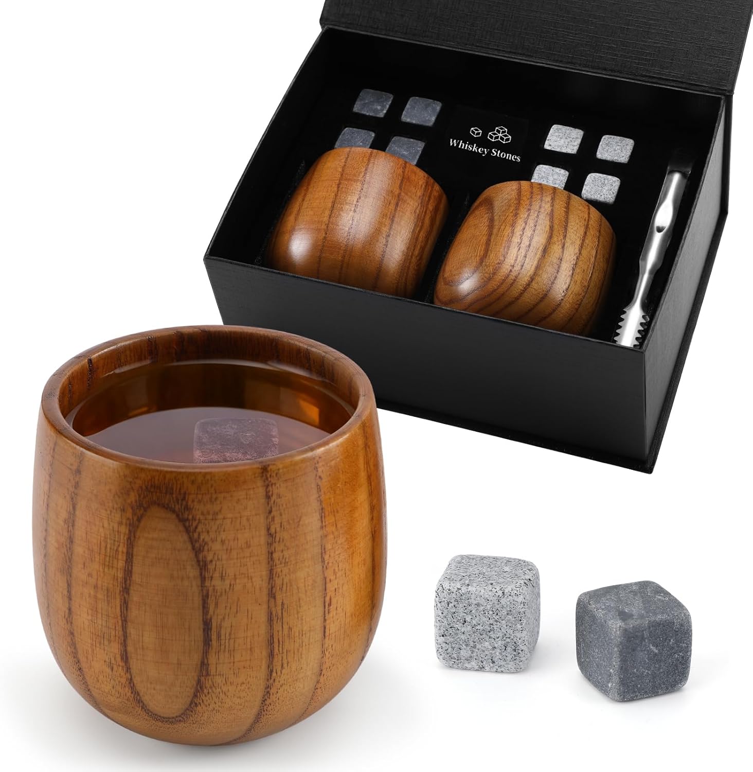 Hardwood Bourbon Glasses Set of 2 - Jujube Wood Old Fashioned Whiskey Glasses with 8 Granite Whiskey Stones -Neutral Flavor Wood Tumbler for Chilled Drinks Without Dilution, Unique Gift for Men