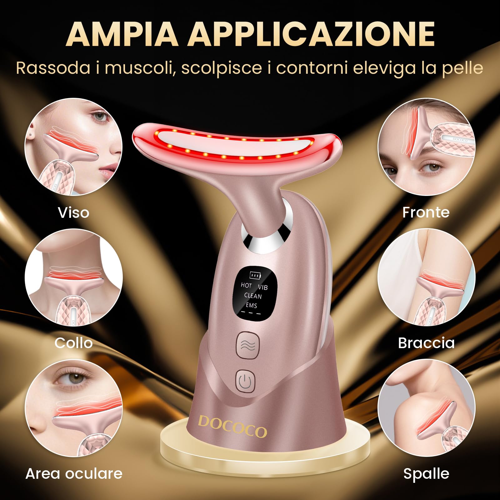 Massaggiatore Viso Lifting Antirughe Elettrico, DOCOCO Doppio EMS Dispositivo di Bellezza Antirughe con 3 Modalità, 45℃ Terapia Lifting Viso, Massaggio Rassodante Viso e Collo