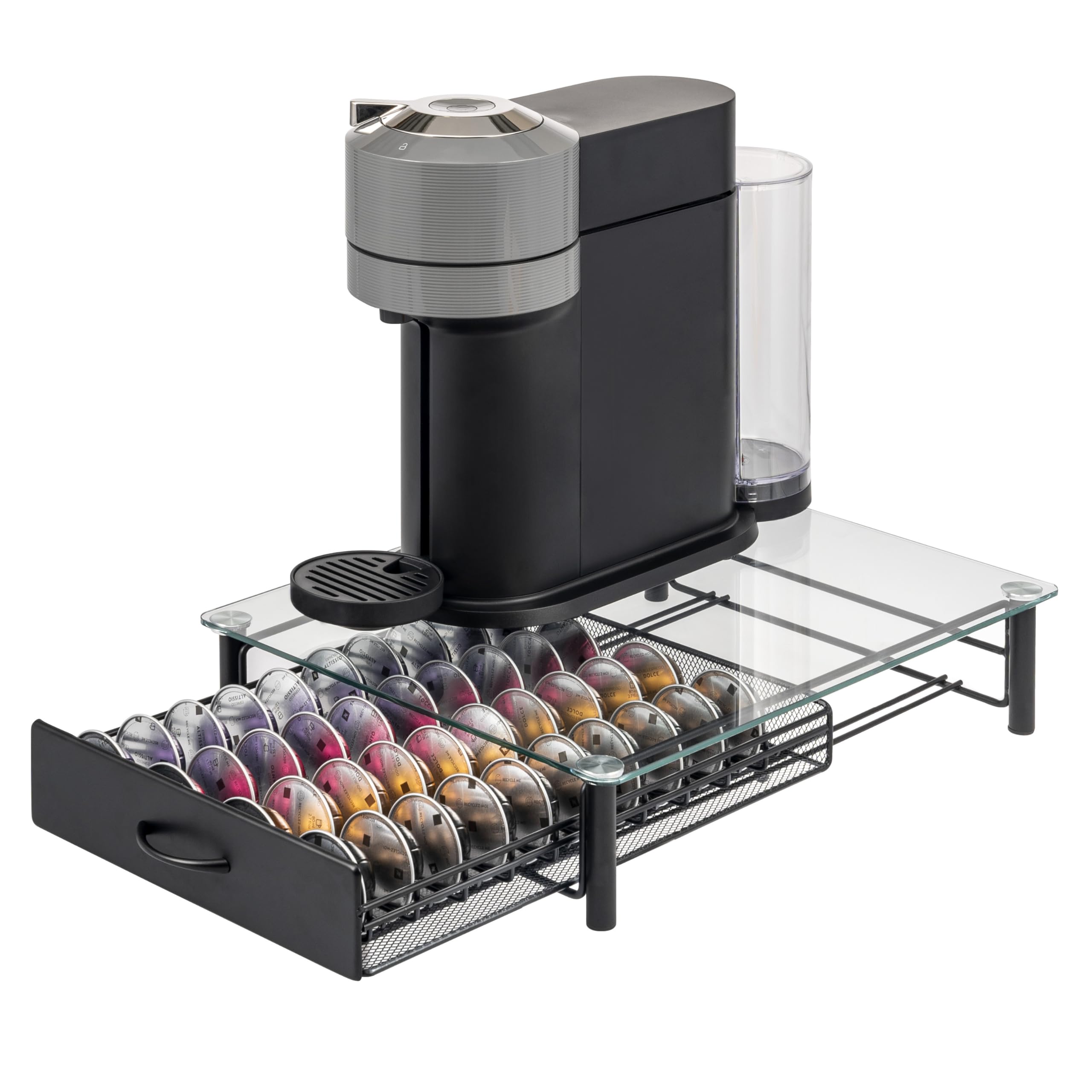 eluno Soporte para 40 cápsulas Nespresso Vertuo, cajón, soporte para máquina de cristal de metal y placa de cristal, caja de cápsulas de café, dispensador de cápsulas (transparente)