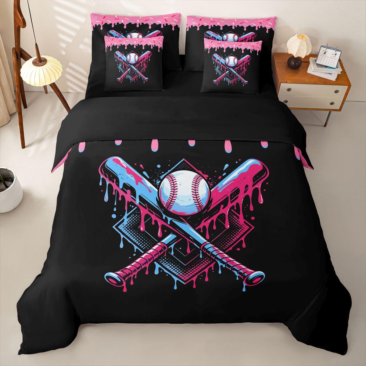 Loussiesd Juego de funda de edredón de béisbol tamaño Super King de 7 piezas, ropa de cama para niños y niñas, juego de cama con funda de edredón, sábanas, fundas de almohada, fundas de cojín
