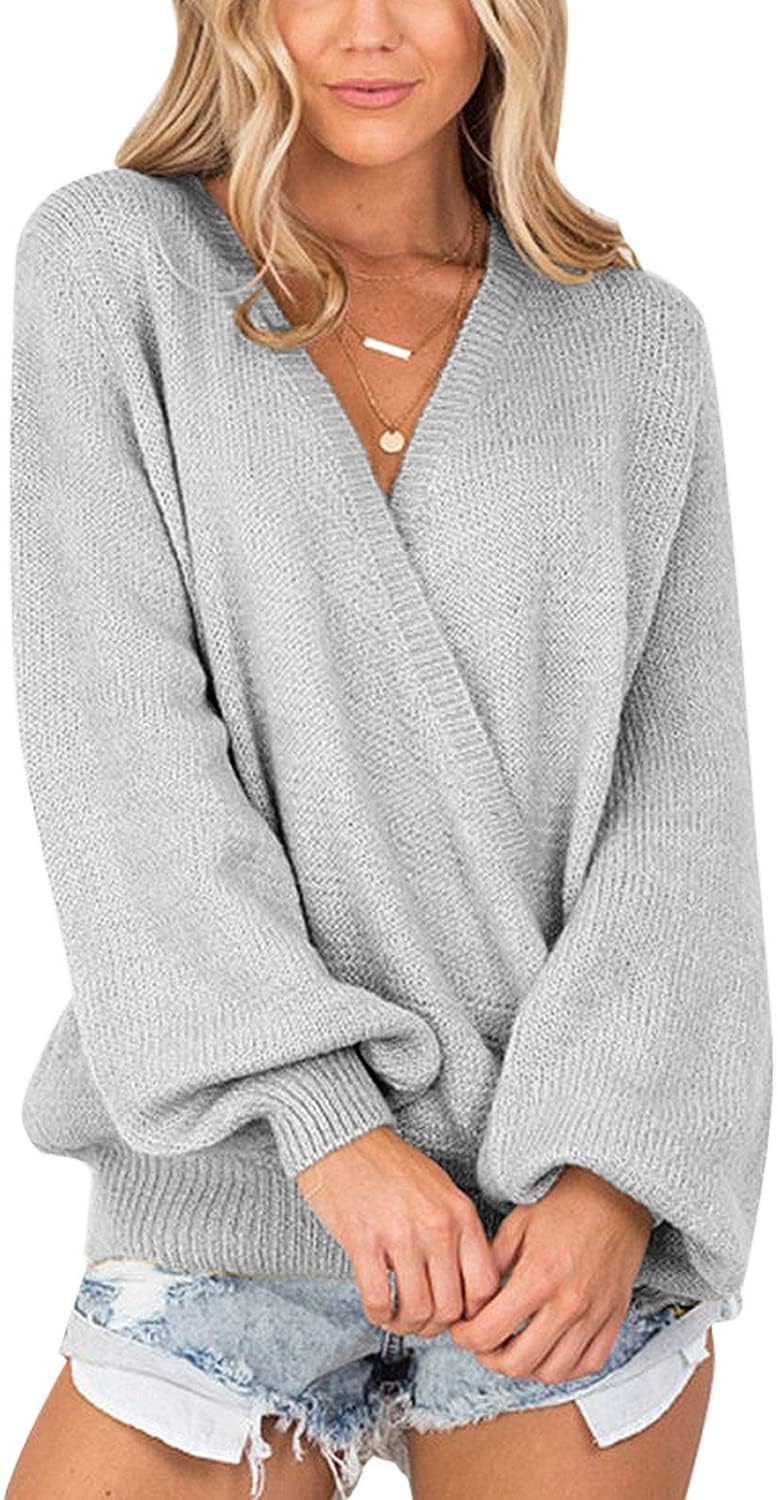 LookbookStore Women's Knit Long Sleeve Faux Wrap Surplice V Neck Sweater Top - Image 6