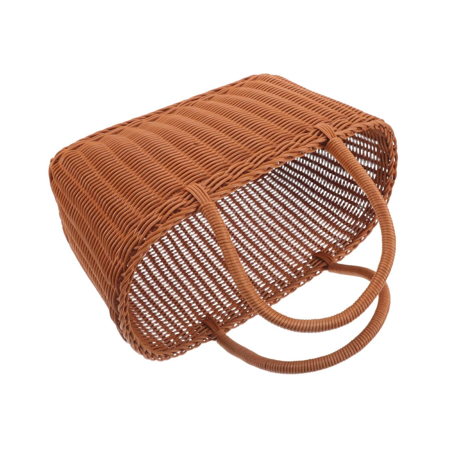 Panier Tissé Imitation Rotin Léger et Solide Cabas Paille pour Cueillette Rangement Légumes et Fruits Panier de Pique- Campagne Pratique et Portable