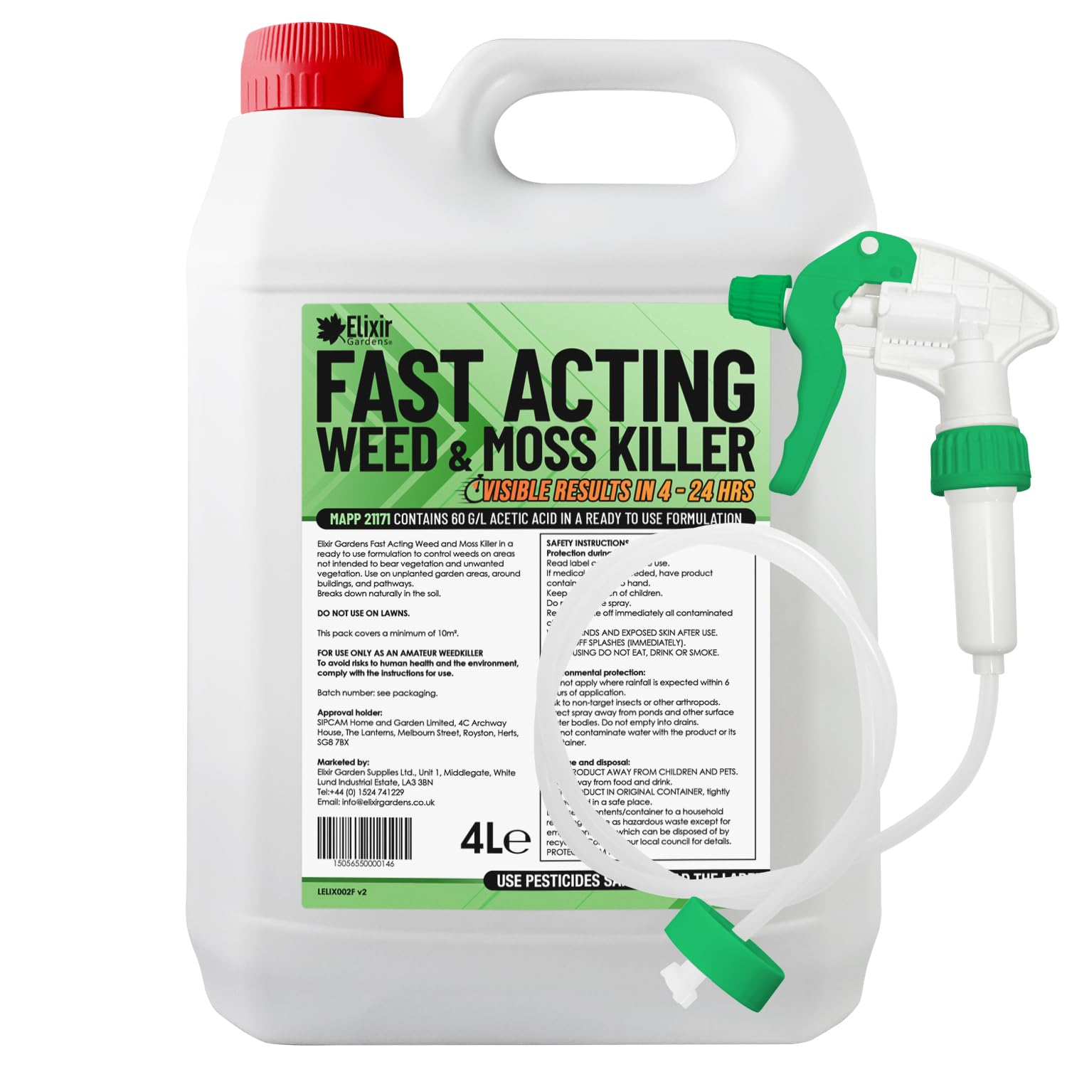 4 Litre Fast Acting Glyphosate-Free Weed & Mosskiller | Child and Pet safe Organic & Natural Ready-to-Use Acetic Acid Formula 60g/l | Results in 24 Hrs | 4 L with Spray Head & Hose x 1