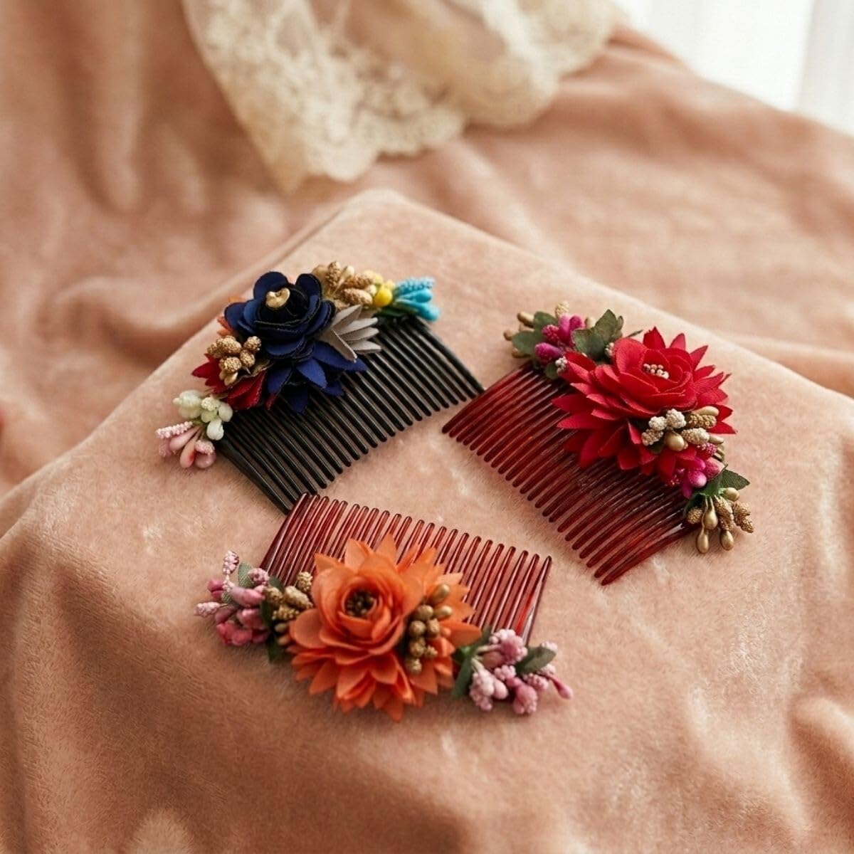 Accessher Multicolor Pack of 3 Acrylic Comb Indo Western Fancy Hair Clip/Side/Comb Pin/Jooda Pin Hair Accessories with Cloth flower for women and girls pack of 3 (Multicolor 4) 1