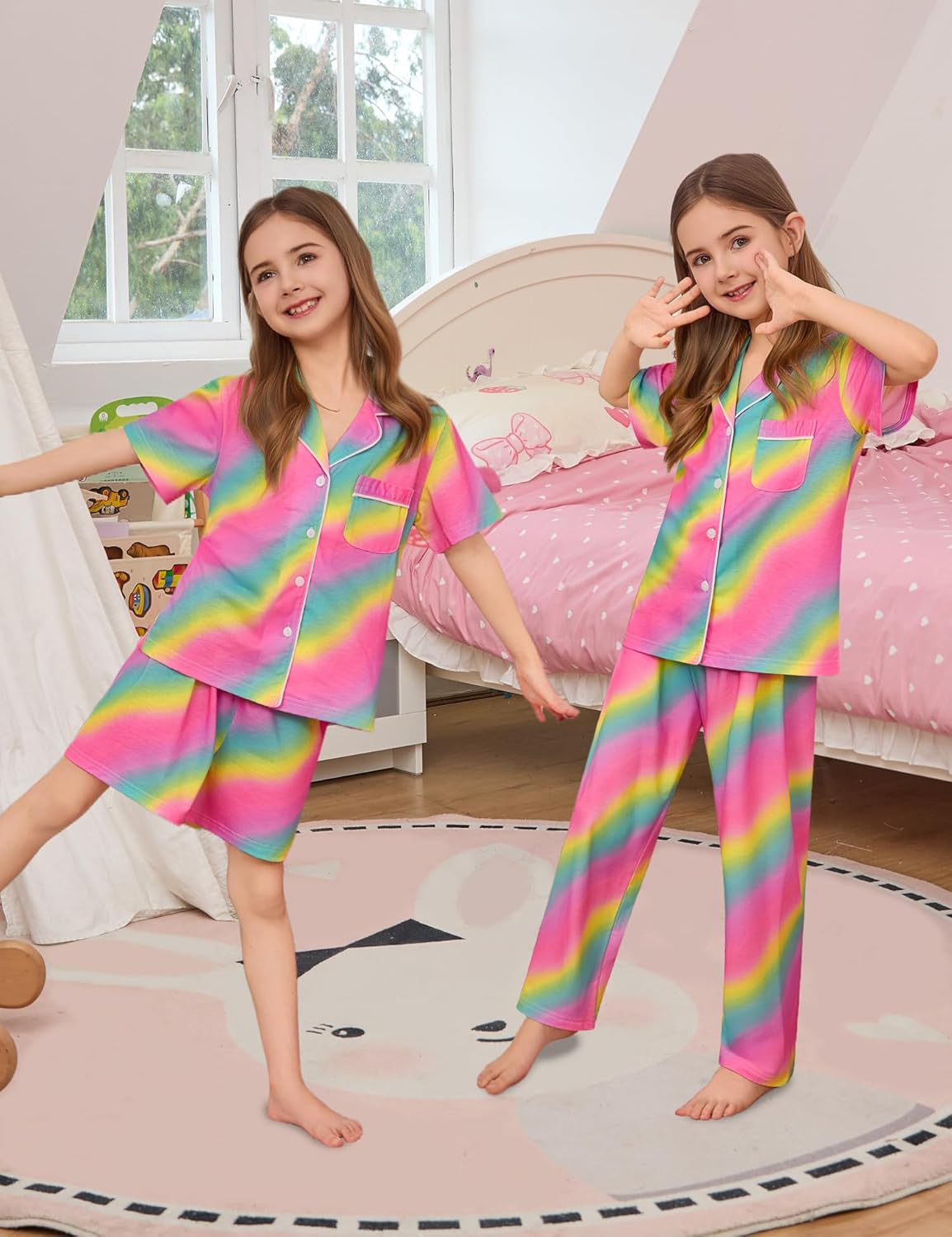 SWOMOG Kids Pajamas Sets 3PCS Short Sleeve Long Pants with Shorts Girls Boys Button Down PJS Cute Loungewear for 4T-15Years, - Image 4