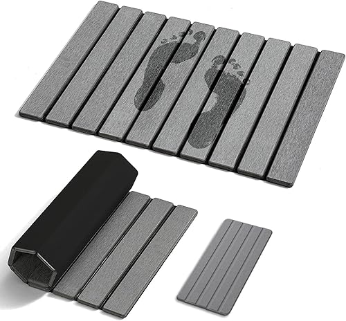 Foldable Stone Bath Mat for Bathroom with Absorbing Tray, 2-Piece Set Includes 24x16 Inch Quick Drying Diatomaceous Earth Bath Mat & 8x4 Inch Non-Slip Stone Tray for Sink, Space Saving Easy to Clean