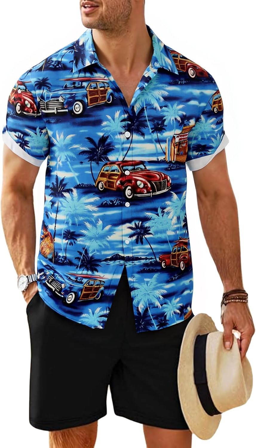 Mens Hawaiian Shirt Short Sleeve Button Down Shirts Summer Beach Casual Printed Tropical Guitar Floral Tops Clothes - Image 2