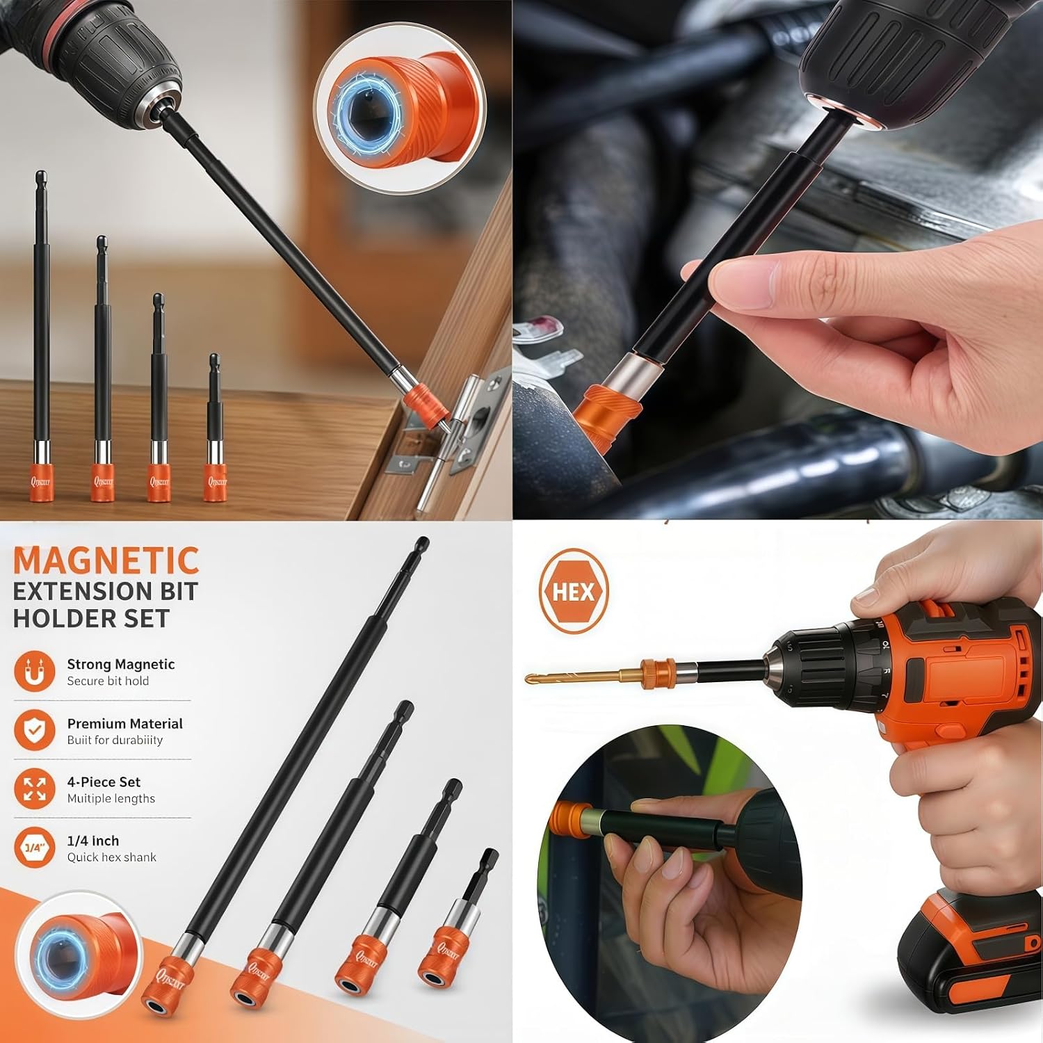 4pcs Drill Bit Extension Set, (2-3/8",4",6",12'') | Magnetic Drill Bit Extender with Aluminum Sleeve, 1/4 Inch Hex Bit Holder for Impact Driver
