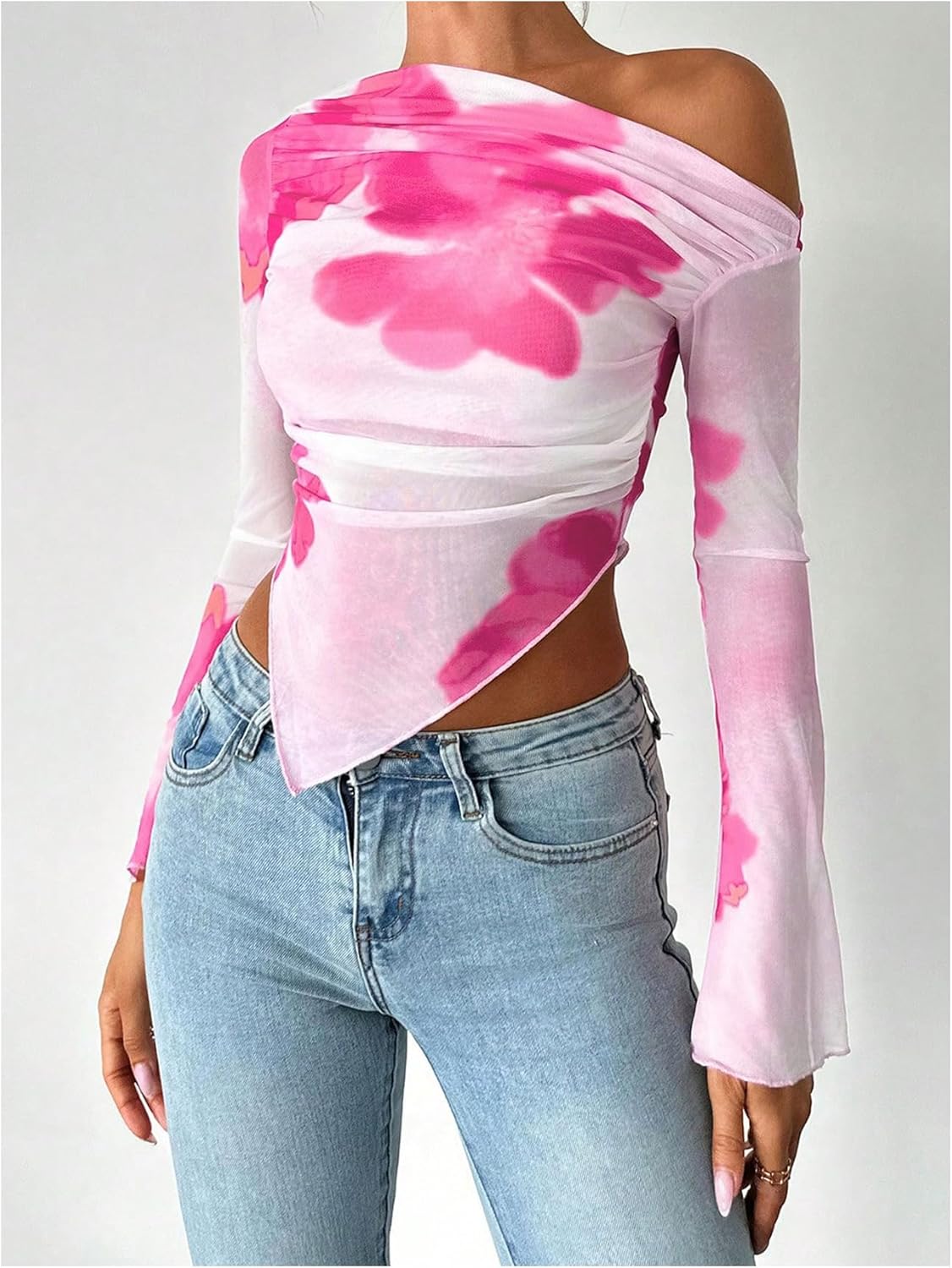 SHENHE Women's Floral Mesh Tops Flare Sleeve Open Off Shoulder Ruched Slim Fit Crop T-Shirts - Image 5