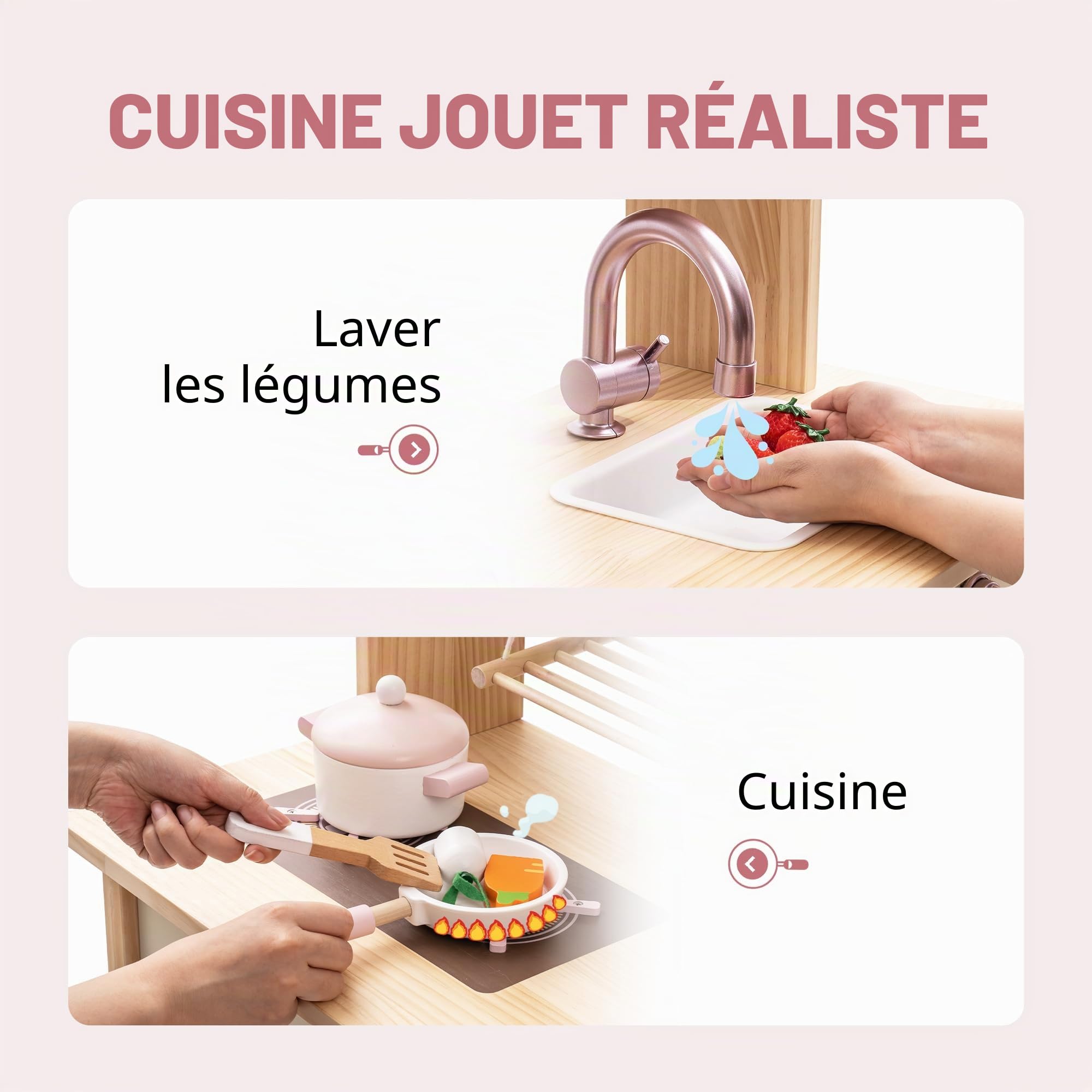 ROBUD Cuisine de Jeu pour Enfants et Tout-Petits, Cuisine de Jeu en Bois avec Accessoires réalistes, Ensemble de Cuisine Jouet avec Beaucoup de fonctionnalités de Jeu, Cuisine Jouet de Style Moderne