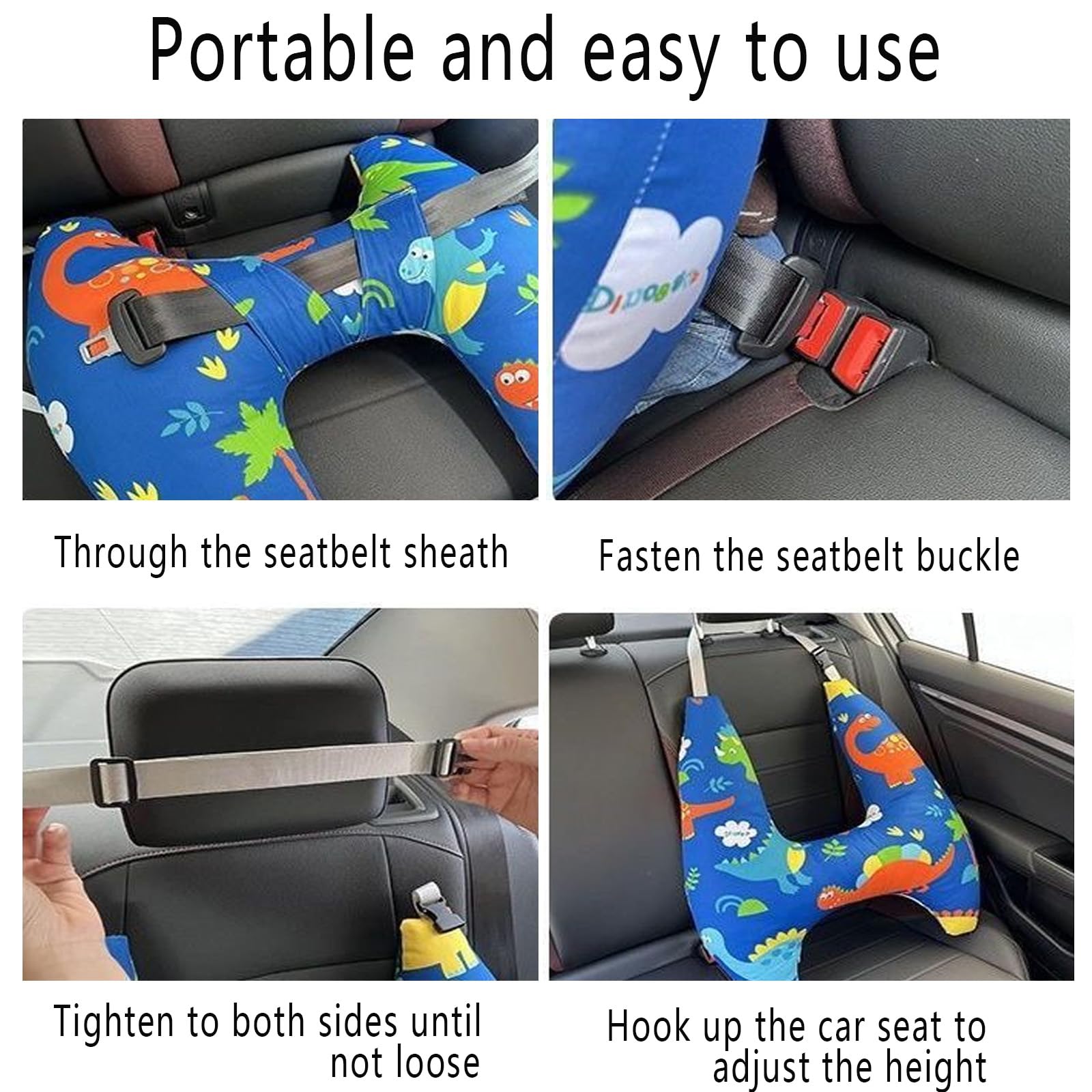 Car Pillow For Kids H-Shape Travel Neck Pillow For Car - Adjustable Head Support For Kids & Adults (Blue Dinosaur) Carseat Pillow For Toddlers