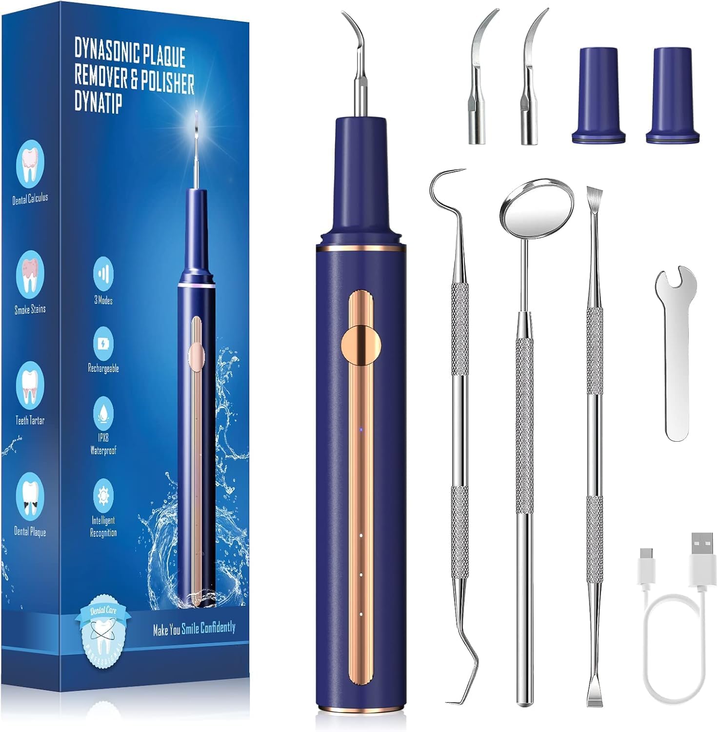 SENSIOHOME Plaque Remover for Teeth, Tartar Remover for Teeth with LED Light, Teeth Cleaning Kit with 3 Head and Replaceable Inlet Sleeves, Blue (T9), 1.0 Count