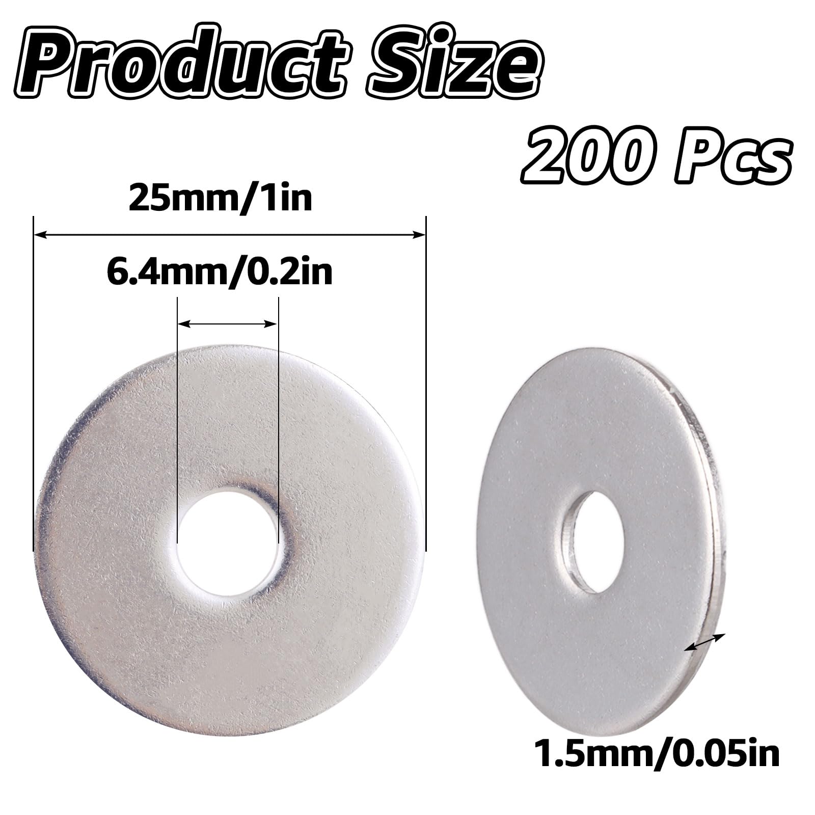 CYEER 200 Pack M6 x 25mm Metal Flat Penny Washers, 304 Stainless Steel, Large OD Plain Wide Round Metal Alloy Steel for Screws - Image 2