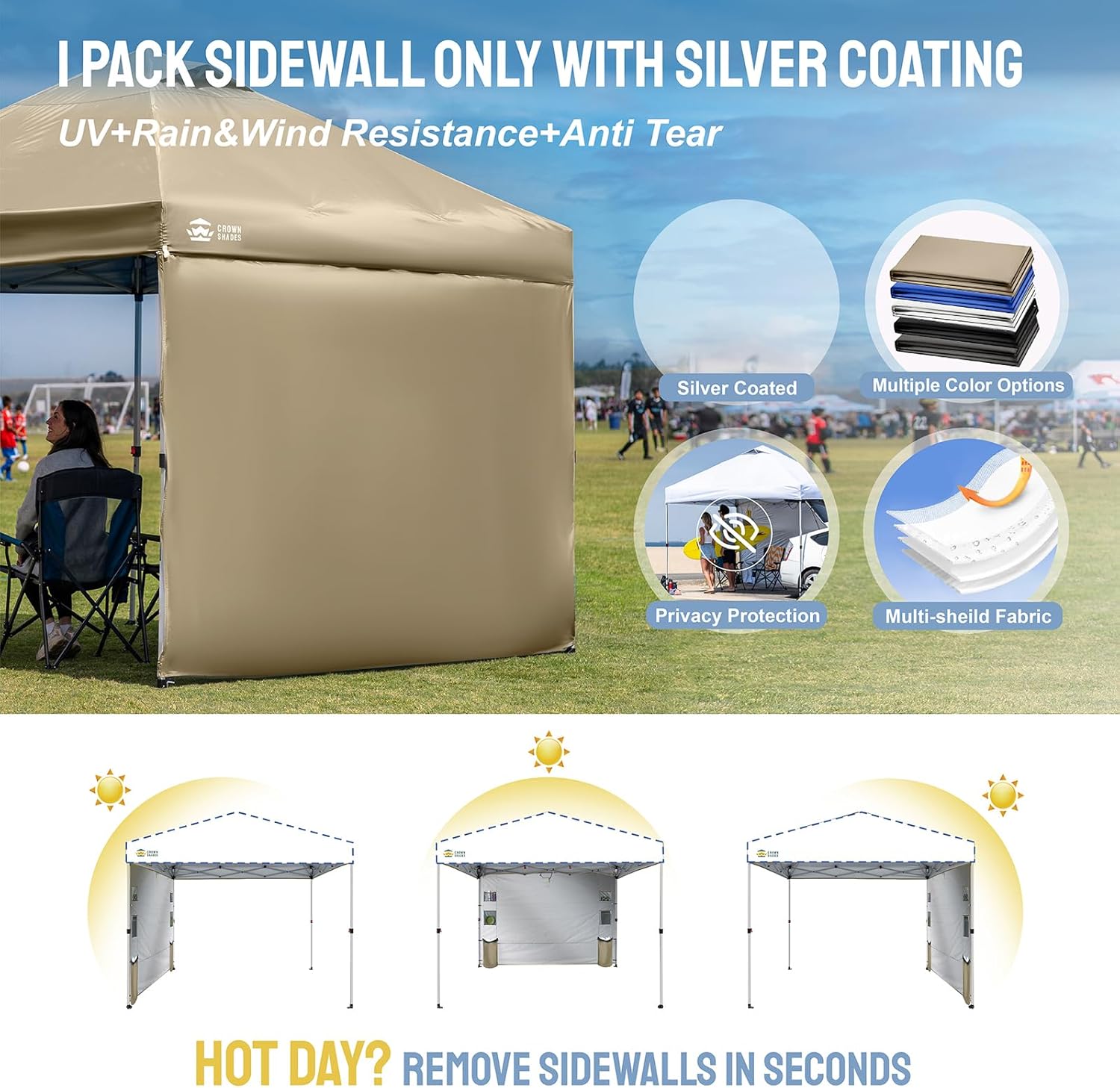 CROWN SHADES SideWall Silver for 10x10 Pop Up Canopy with 6 Pockets, 2 Pack Sidewall Only with Silver Coating (2 Pack, Beige)