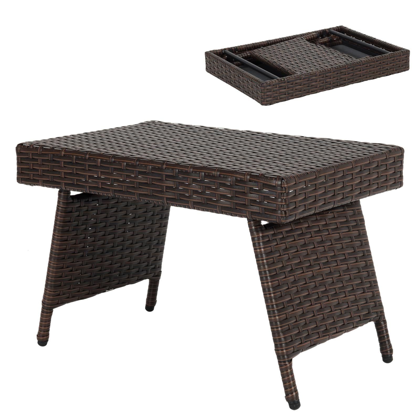 Multigot Folding Rattan Side Table, Indoor Outdoor Wicker Coffee Table, Waterproof Portable End Table for Garden Patio Poolside Bistro