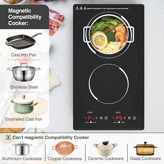 Double Induction Cooktop, 2 Burners Induction Cooktop 110v, 12 inch Portable Electric Stove Top, Countertop and Built-in Induction Cooktops Plug in,9 Power Levels, Child Lock,120 Mins Timer