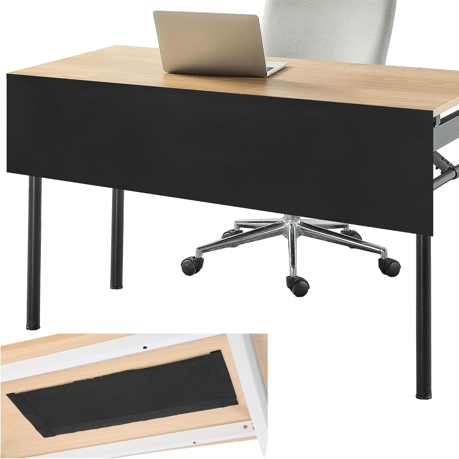 MABOZOO 60″ Under Desk Privacy Panel and 28″ Cable Management Net – 2pcs, Cord Organizer and Skirt for Home Office or Standing Workstation