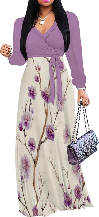 PinkPatty Women's Plus Size V Neck Long Sleeve Wrap Maxi Dress with Belt