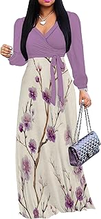 Plus Size Dresses for Curvy Women V Neck Flowy Long Sleeves Wrap Maxi Dress Travel Vacation Outfits