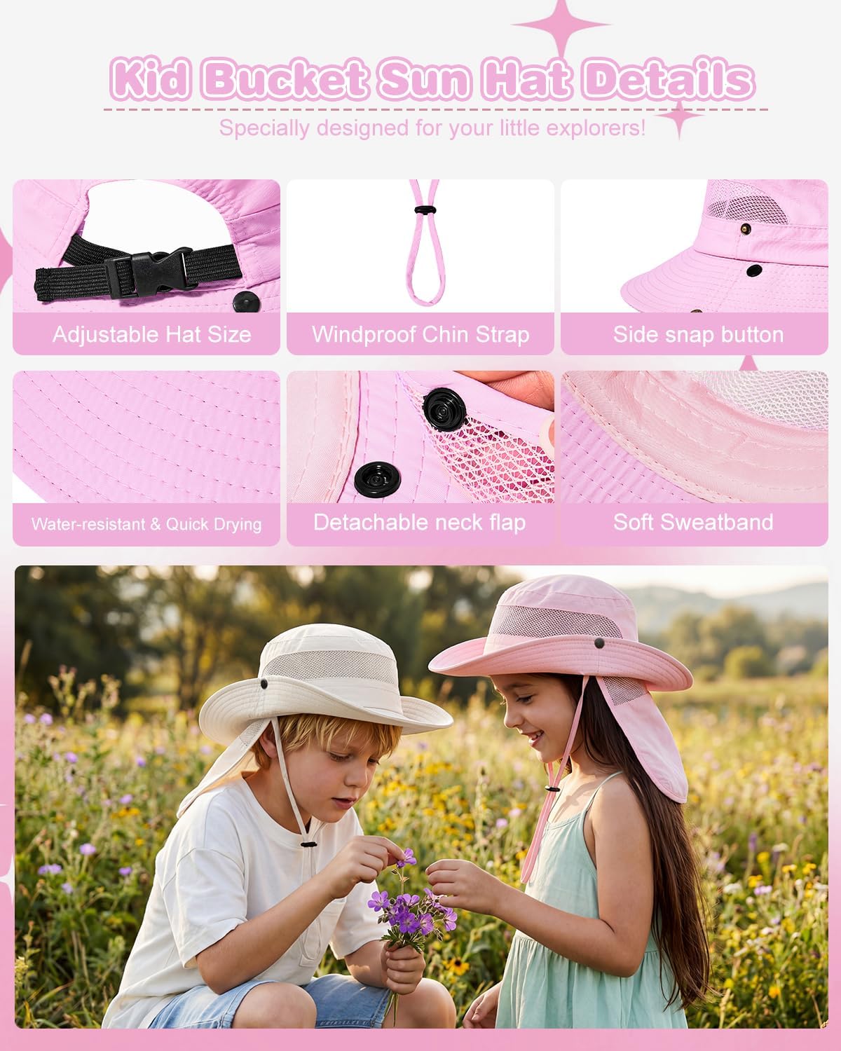 Century Star Kids Sun Hat with Ponytail Hole & Detachable Neck Flap UPF50+ Quick Dry Girls Bucket Hat for Outdoor Beach