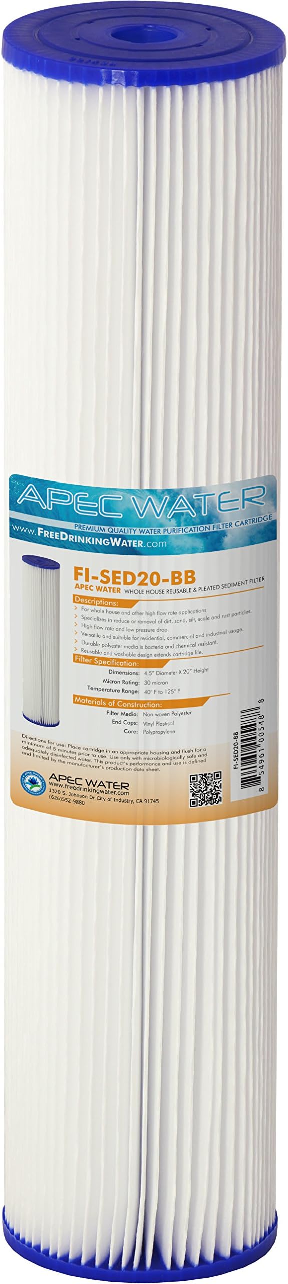 APEC Water Systems 20" Whole House Sediment Replacement Filter Reusable and Pleated (FI-SED20-BB)