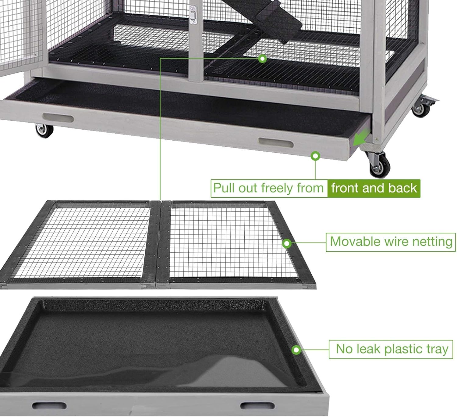 Rabbit Hutch Indoor Rabbit Cage for Small Animals Outdoor Bunny Cage with Movable Wire Netting, Guinea Pig Habitat On Wheels,Pull Out Leak Proof Tray (Grey+Camel)
