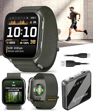 Garmin Venu X1 Thin and Lightweight GPS Smartwatch, AMOLED Display, Moss with Titanium Caseback and Moss ComfortFit Nylon Band Power Bank Bundle